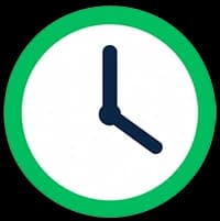 Illustration of a clock with a green rim. The hour hand points to 10, and the minute hand points to 2, indicating 10:10.