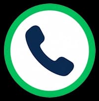 Icon of a navy blue phone handset inside a white circle with a green border, symbolizing a phone call or communication.