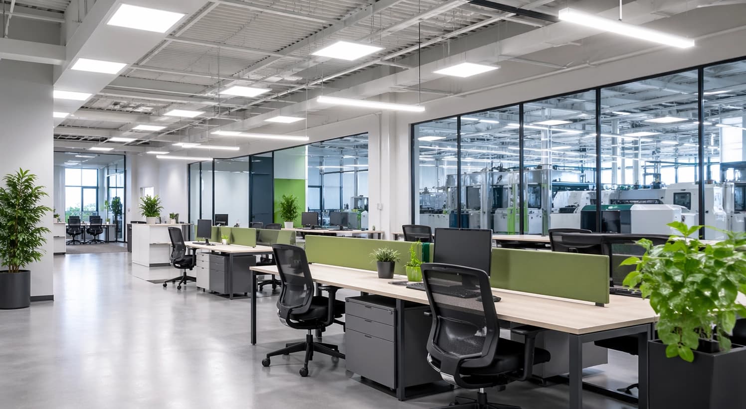 Bright open office with green accents and plants overlooking a clean manufacturing facility through glass walls.