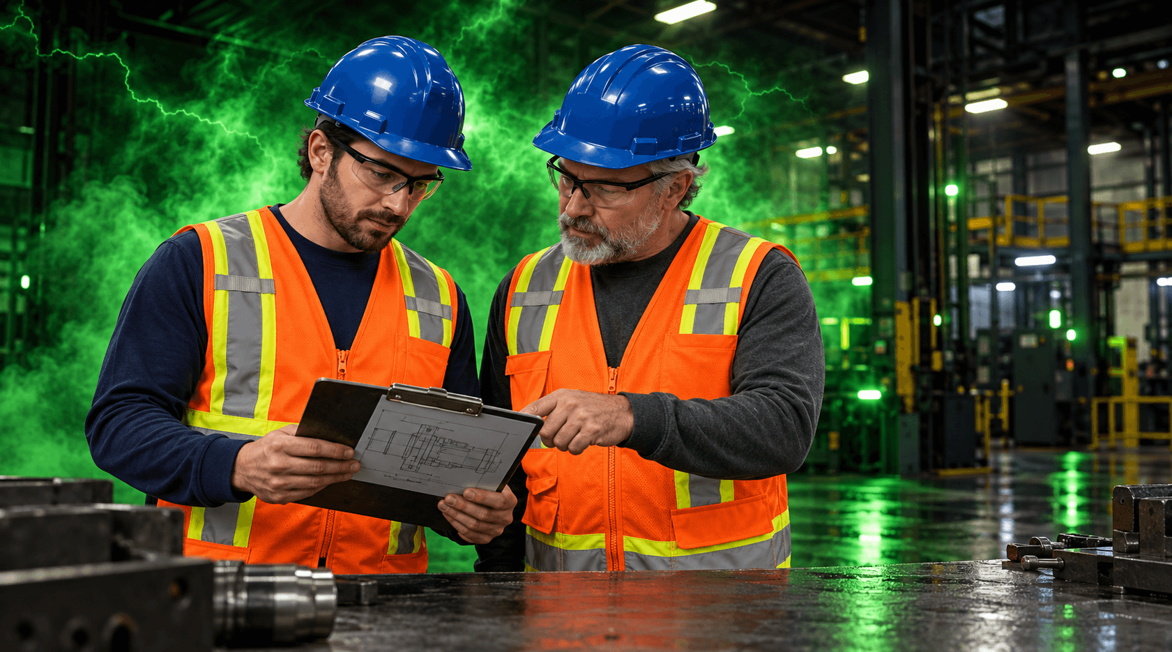 Workers in safety gear and vests discuss industrial components around a table in a factory setting.