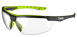 Safety glasses with clear lens and black frame with lime green accents, angled view