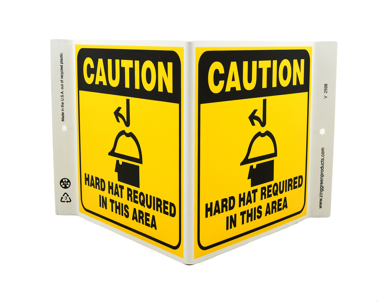 ZING 2598 Eco Safety V Sign, Caution Hardhat Area, 7Hx12Wx5D, Recycled Plastic 