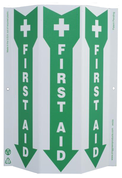 ZING 4056 Eco Safety Tri View Sign, First Aid, 12Hx9W, Projects 3 Inches, Recycled Plastic 