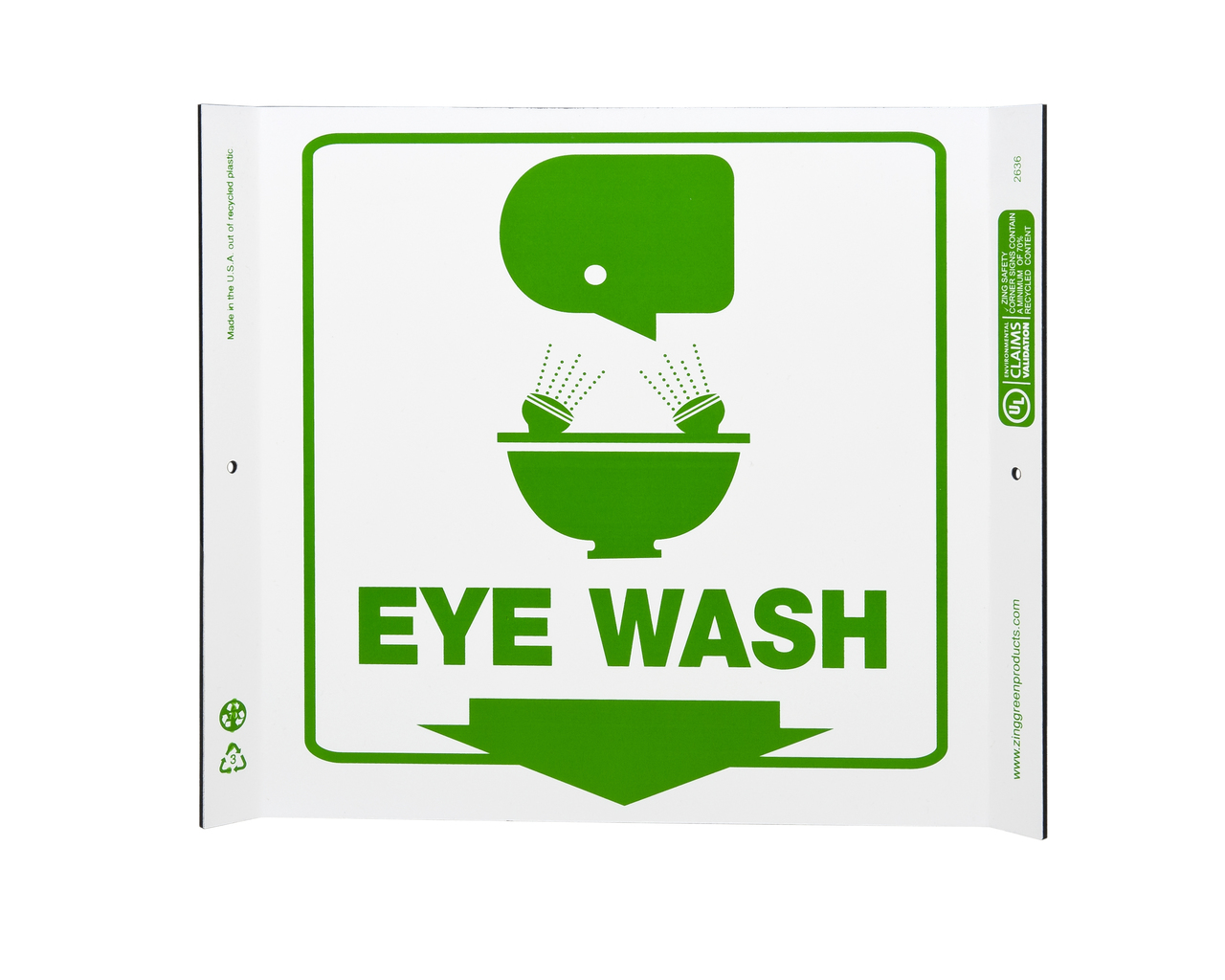 ZING 2636 Eco Safety Corner Sign, Eye Wash, 10Hx10W, Recycled Plastic 