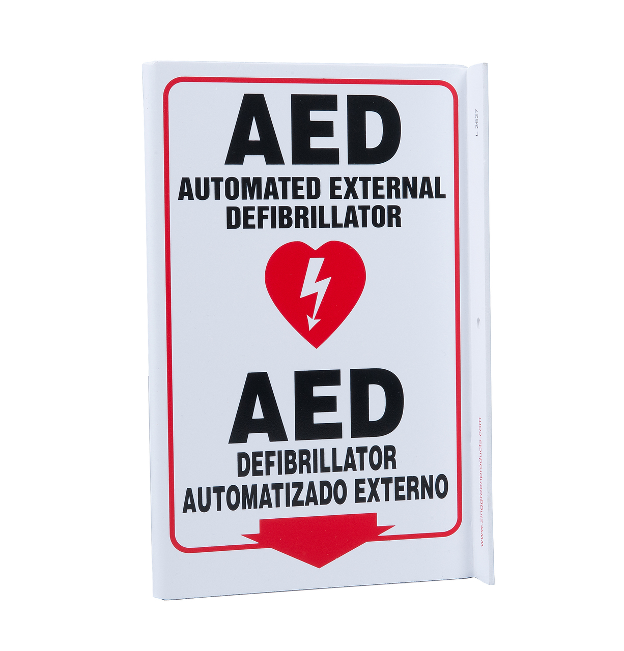 ZING 2627 Eco Safety L Sign, AED Bilingual, 11Hx2.5Wx8D, Recycled Plastic 