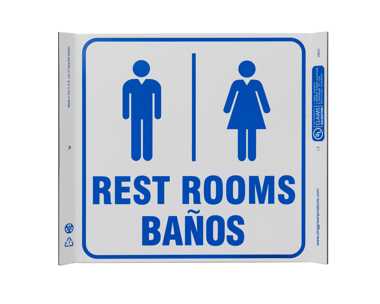 ZING 2643 Eco Corner Sign, Rest Rooms Bilingual, 10Hx10W, Recycled Plastic 