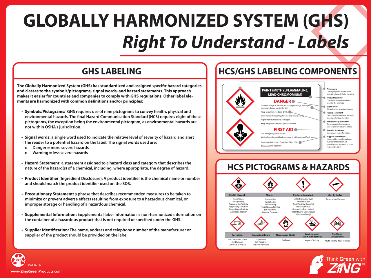 ZING 6037 Eco GHS Poster, Chemical Labeling Requirements, 18HX24W 