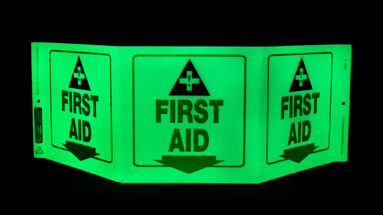 ZING 3056G Eco Safety Tri View Sign, Glow in the Dark, First Aid, 7.5Hx20W, Projects 5 Inches, Recycled Plastic 