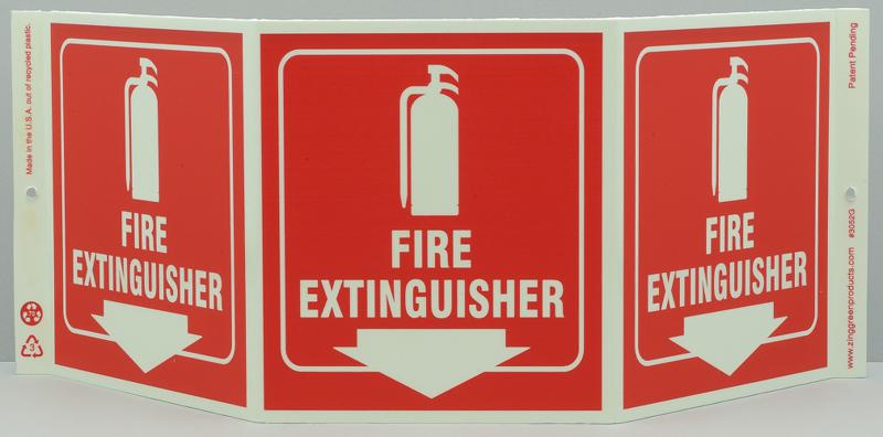 ZING 3052G Projecting Tri View Sign, Glow in the Dark, Fire Extinguisher, 7.5Hx20W, Projects 5 Inches, Recycled Plastic 