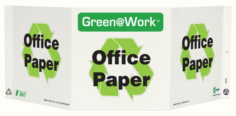 ZING 3021 Green at Work Tri-View Sign, Office Paper, Recycle Symbol, 7.5Hx20W, Projects 5 Inches, Recycled Plastic 