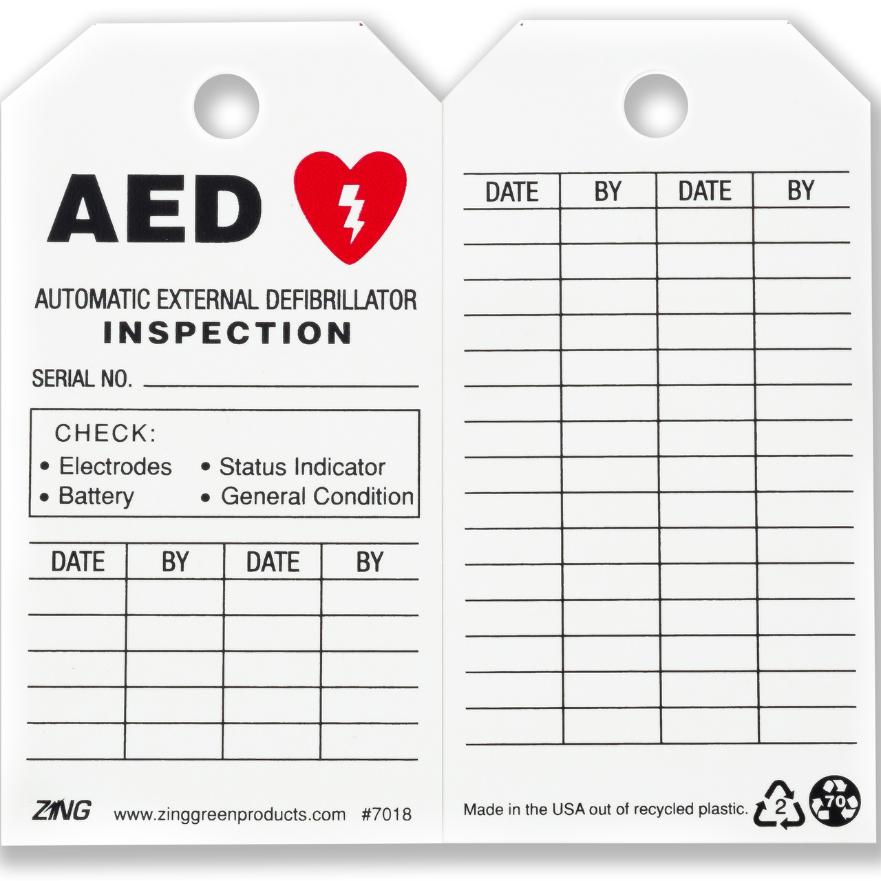 ZING 7018 Eco Safety Tag, AED Inspection, 5.75Hx3W, 10 Pack 