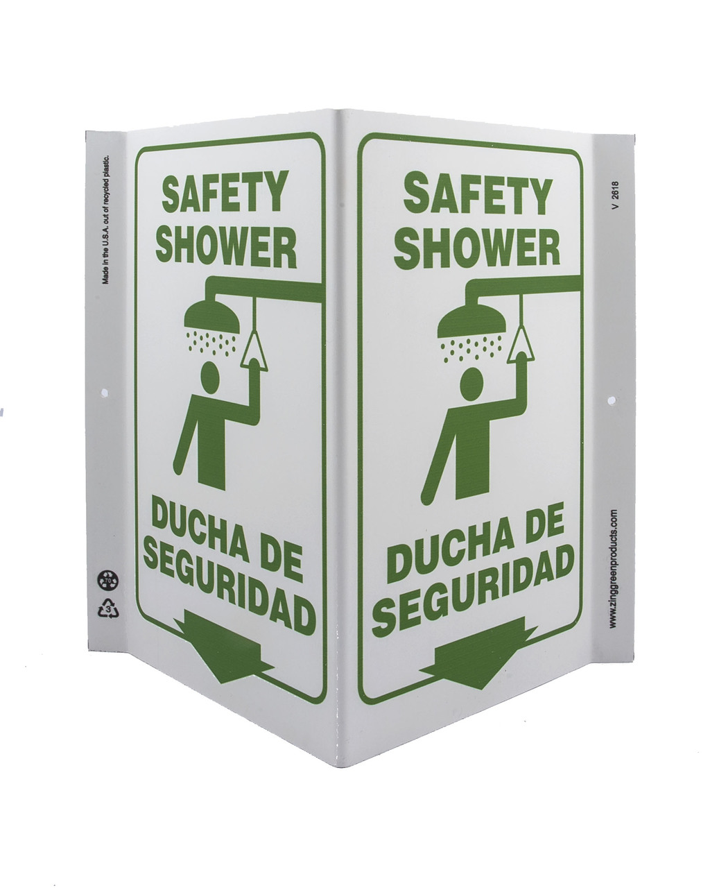 ZING 2618 Eco Safety V Sign, Safety Shower Bilingual, 11Hx7Wx5D, Recycled Plastic 