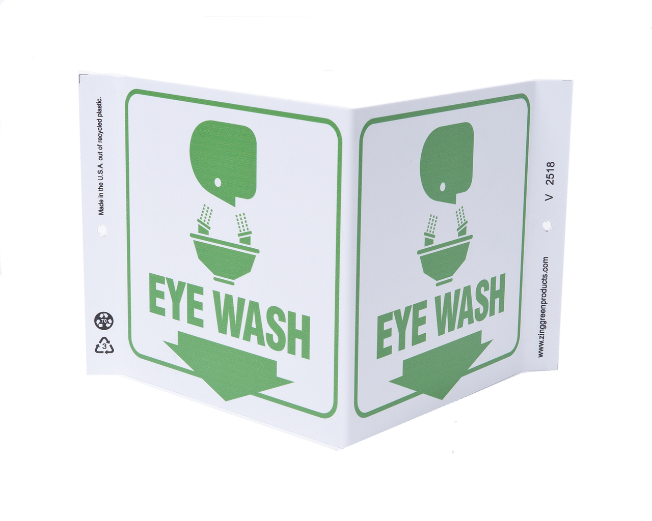 ZING 2518 Eco Safety V Sign, Eye Wash, 7Hx12Wx5D, Recycled Plastic 