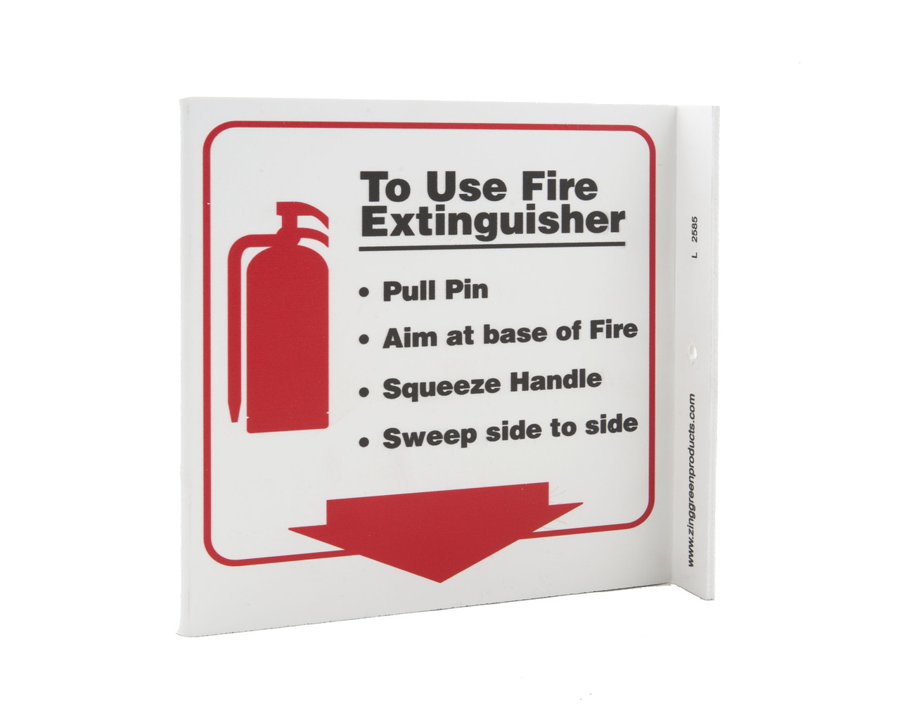 ZING 2585 Projecting L Sign, Use Fire Extinguisher, 7Hx2.5Wx7D, Recycled Plastic 