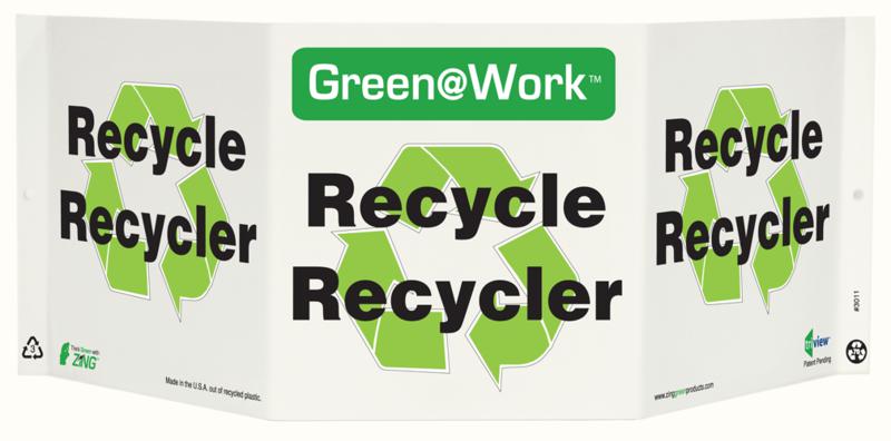 ZING 3011 Green at Work Tri-View Sign, Recycle, Recycler (French), Recycle Symbol, 7.5Hx20W, Projects 5 Inches, Recycled Plastic 