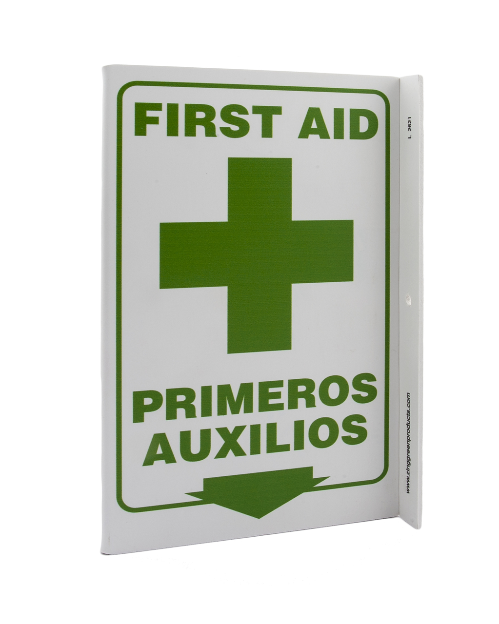 ZING 2621 Eco Safety L Sign, First Aid Bilingual, 11Hx2.5Wx8D, Recycled Plastic 