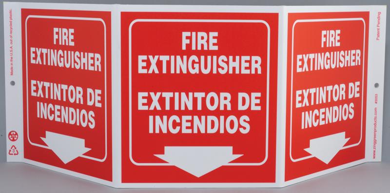 ZING 3053 Projecting Tri View Sign, Bilingual, Fire Extinguisher, 7.5Hx20W, Projects 5 Inches, Recycled Plastic 