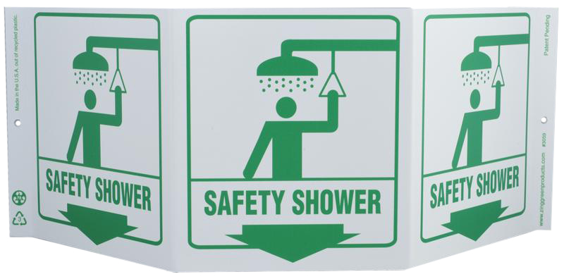 ZING 3059 Eco Safety Tri View Sign, Safety Shower, 7.5Hx20W, Projects 5 Inches, Recycled Plastic 