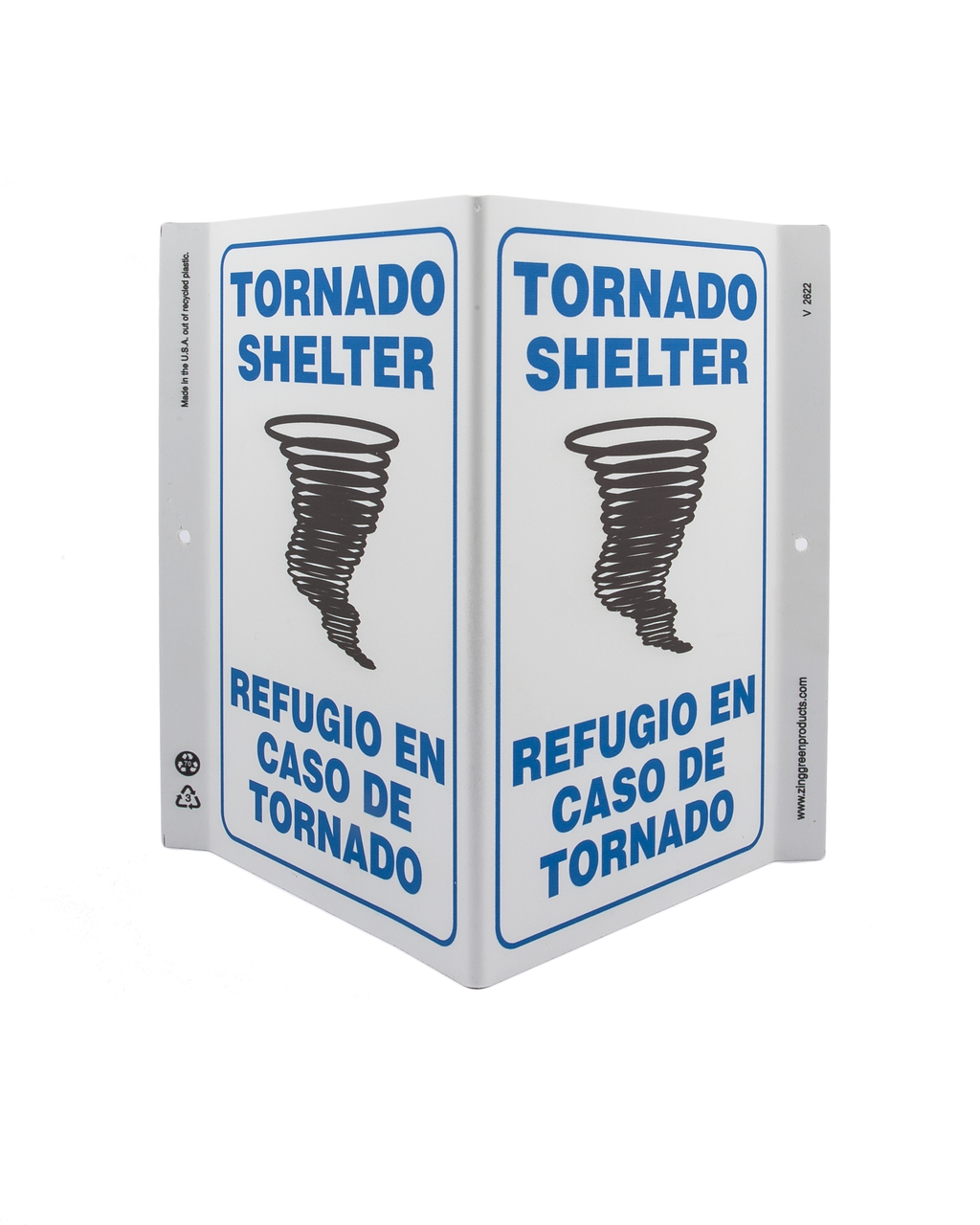 ZING 2622 Eco Safety V Sign, Tornado Shelter Bilingual, 11Hx7Wx5D, Recycled Plastic 