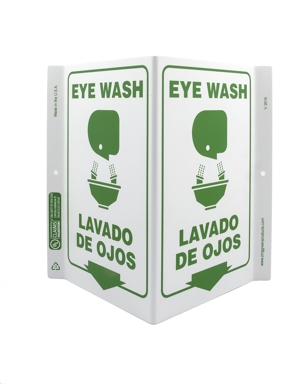 ZING 2616 Eco Safety V Sign, Eye Wash Bilingual, 11Hx7Wx5D, Recycled Plastic 