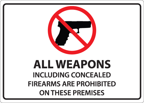 Safety Sign, All Weapons Prohibited on Premises, 5" x 5" Adhesive Label, 2/pack 