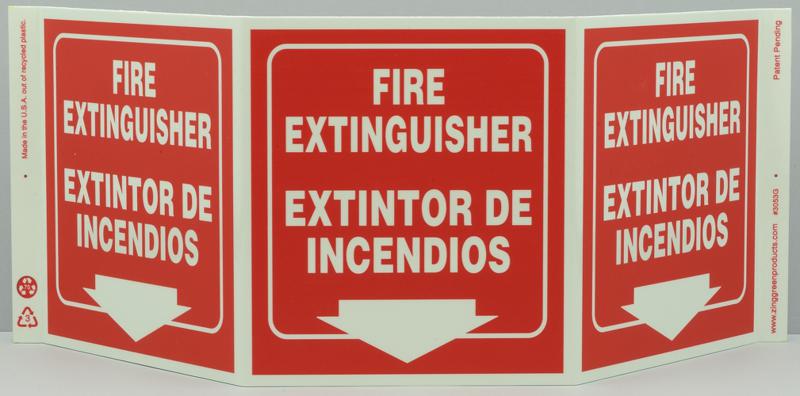 ZING 3053G Projecting Tri View Sign, Bilingual, Glow in the Dark, Fire Extinguisher, 7.5Hx20W, Projects 5 Inches, Recycled Plastic 