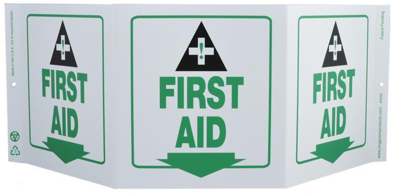 ZING 3056 Eco Safety Tri View Sign, First Aid, 7.5Hx20W, Projects 5 Inches, Recycled Plastic 