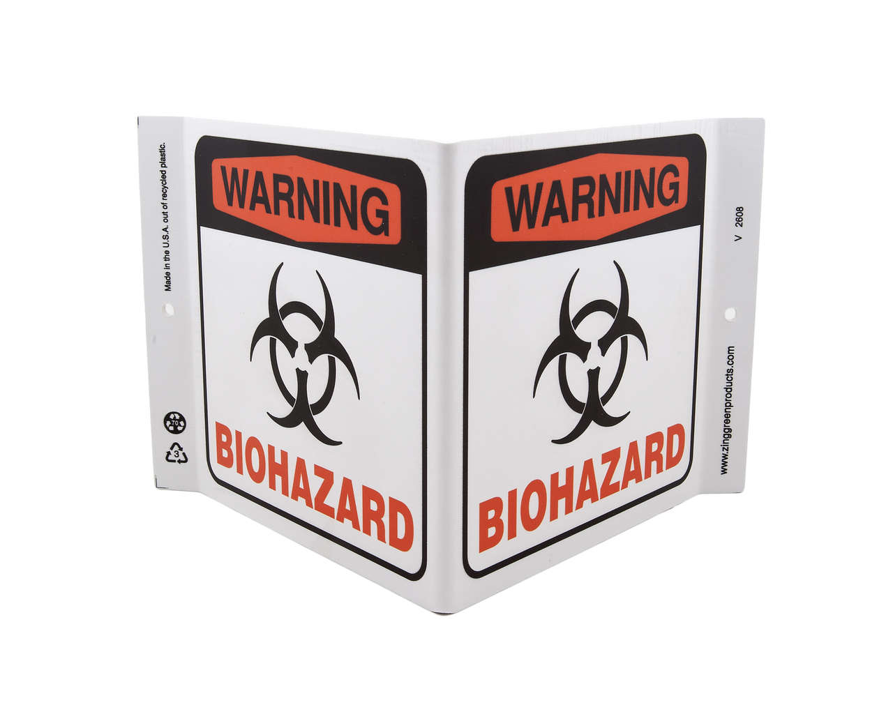 ZING 2608 Projecting V Sign, Warning BioHazard, 7Hx12Wx5D, Recycled Plastic 