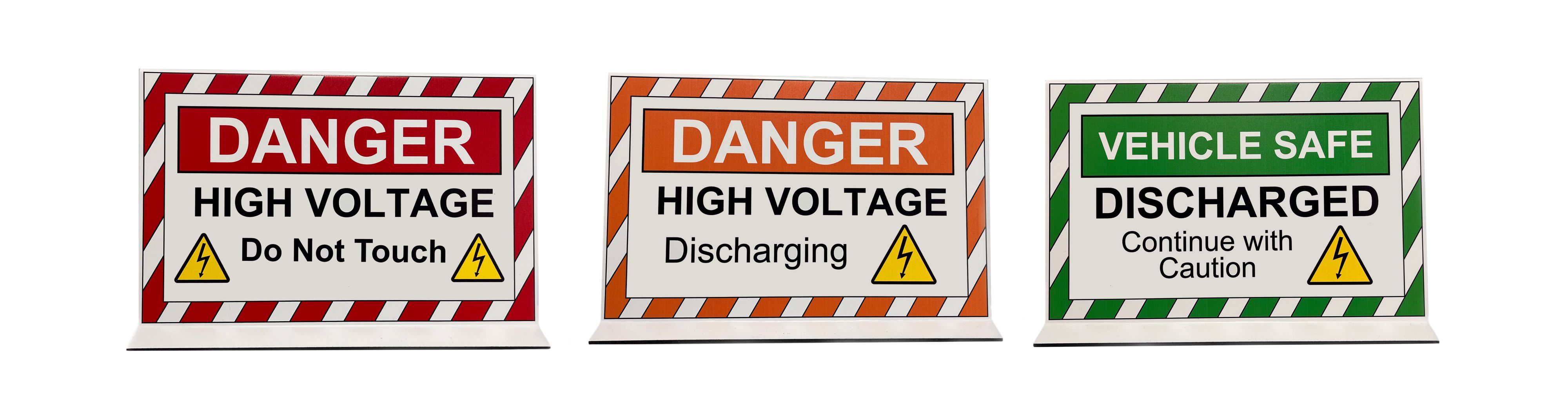 Electric Hybrid Vehicle Projecting Sign Set, High-Voltage Do Not Touch, High Voltage Discharging, and Vehicle Safe -Discharged 