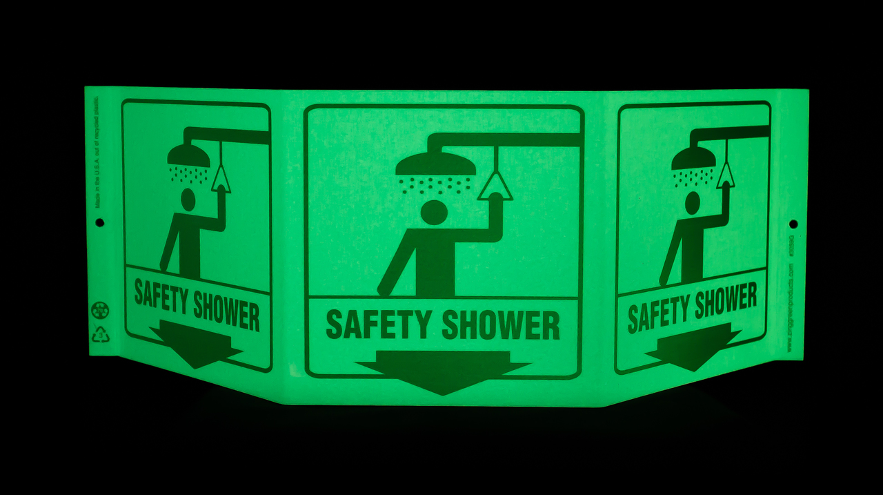 ZING 3059G Eco Safety Tri View Sign, Glow in the Dark, Safety Shower, 7.5Hx20W, Projects 5 Inches, Recycled Plastic 