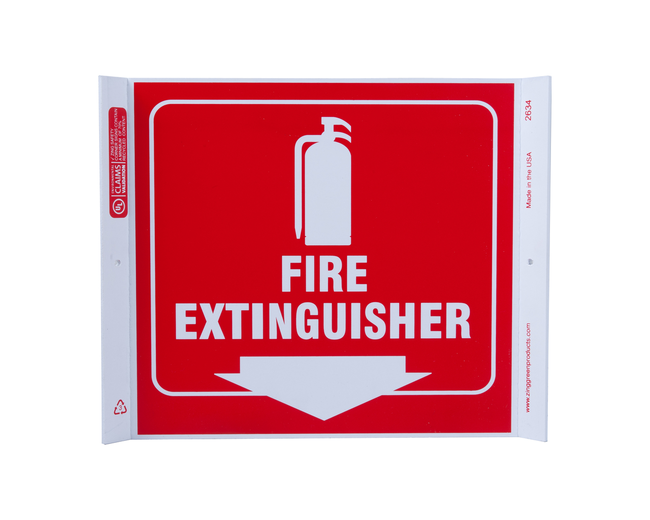 ZING 2634 Projecting Corner Sign, Fire Extinguisher, 10Hx10W, Recycled Plastic 