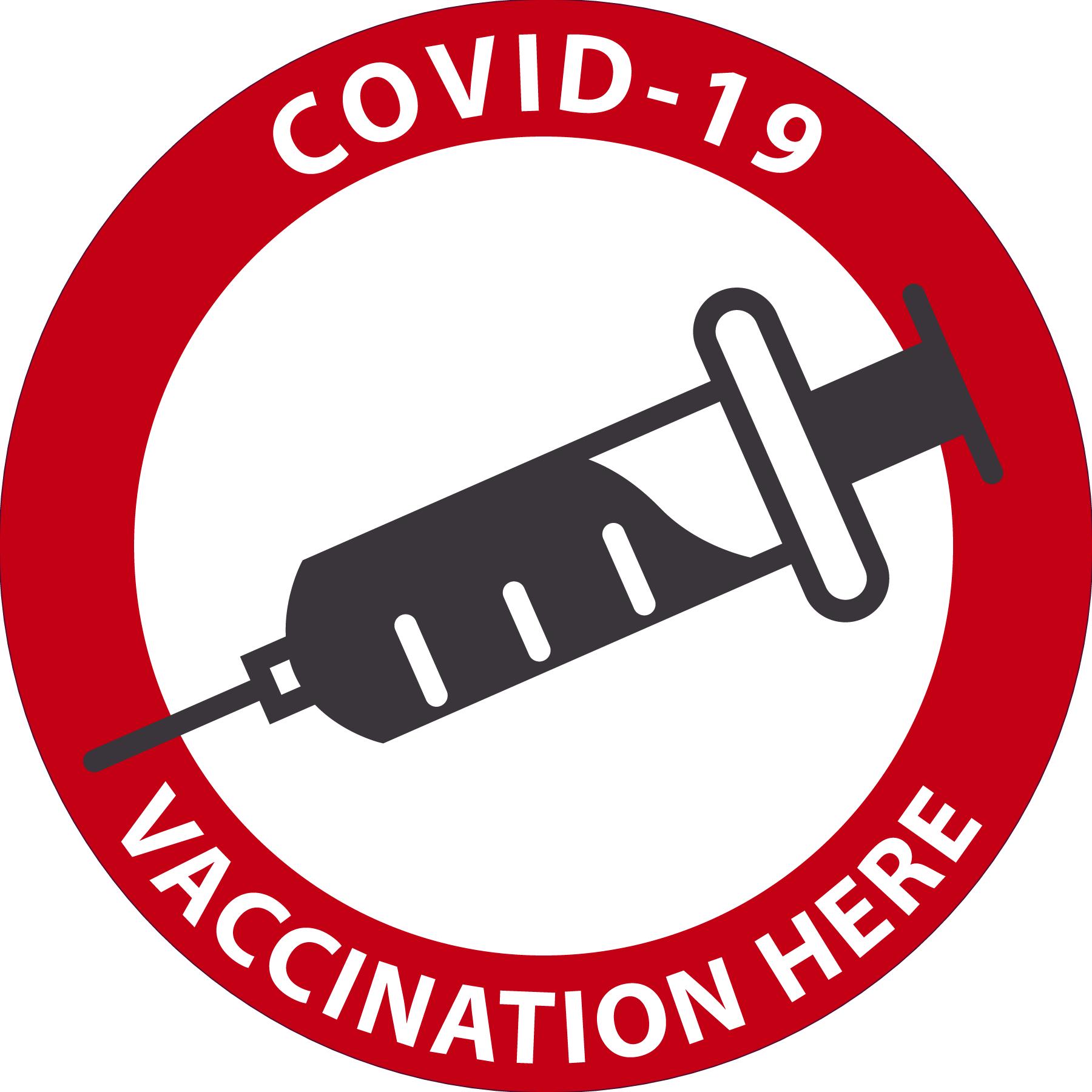 Window Decal, Covid-19 Vaccination Here, 6" x 6", Pressure-sensitive Adhesive, 5/pack 