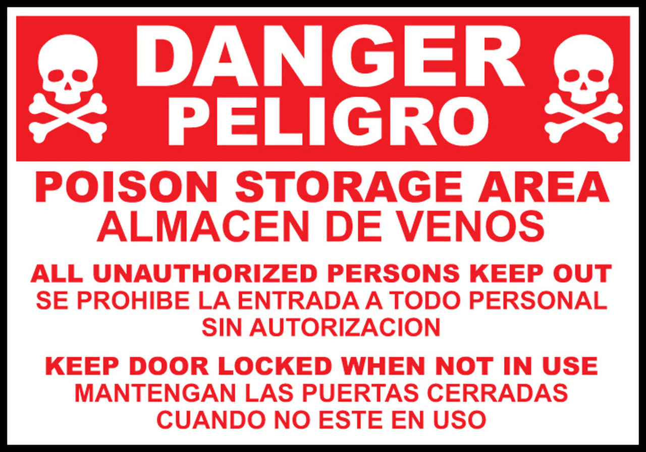 Zing Bilingual Agriculture Sign, Danger Poison Storage Area, 10"H x 14"W, Adhesive 