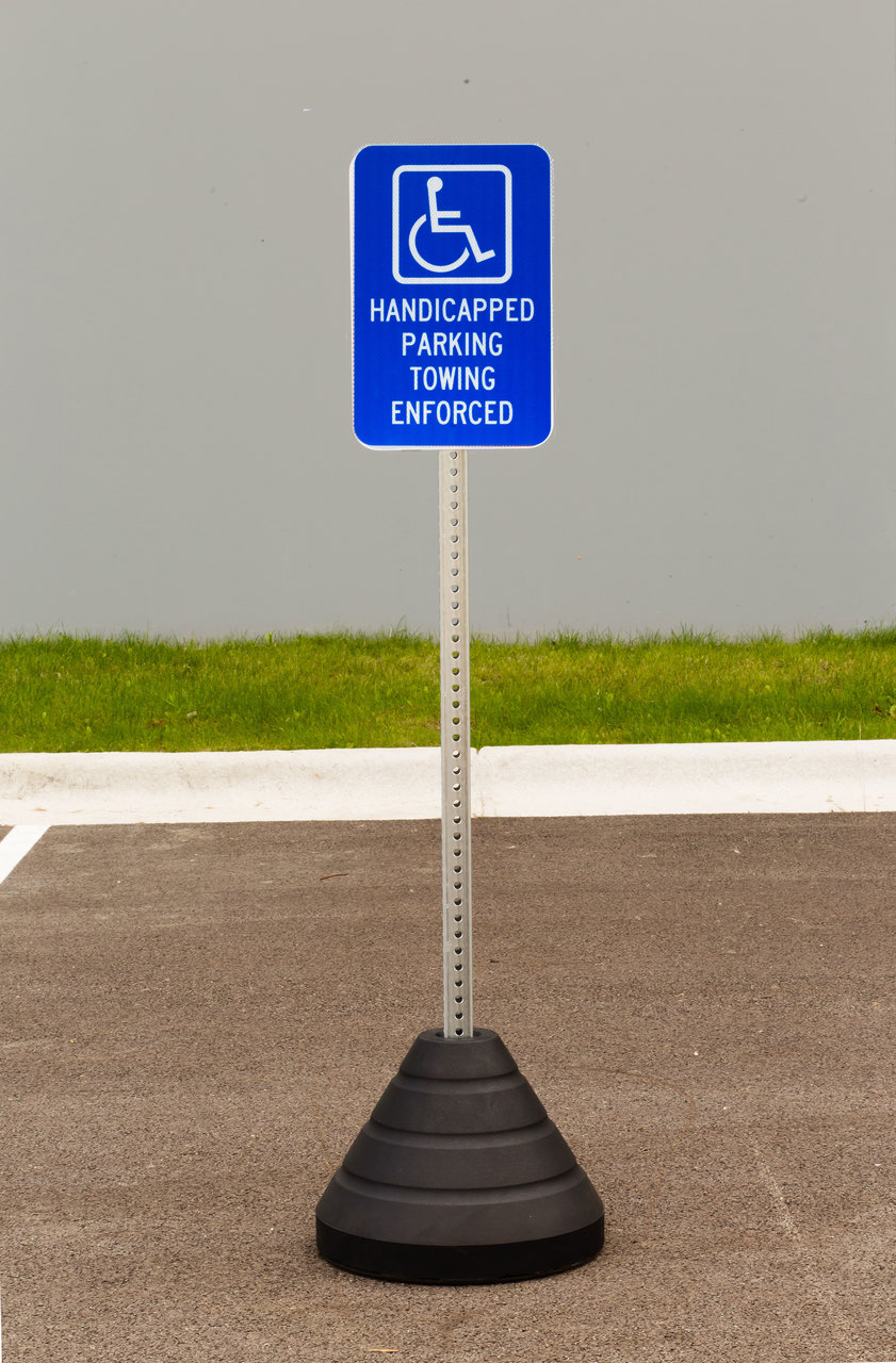 ZING Eco Parking Sign w/Mounting Post and Base, Handicapped Parking Towing, 18Hx12W, Engineer Grade Prismatic, Recycled Aluminum