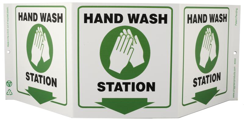 ZING 3062 Eco Public Facility Tri View Sign, Hand Wash Station, 7.5Hx20W, Projects 5 Inches, Recycled Plastic 