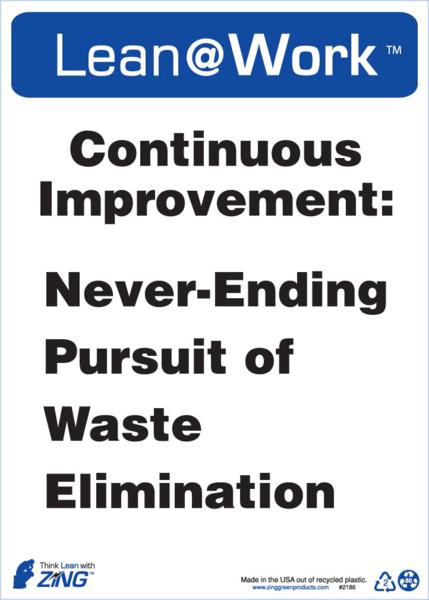 ZING 2186 Lean at Work Sign, Continuous Improvement, 14Hx10W, Recycled Plastic 