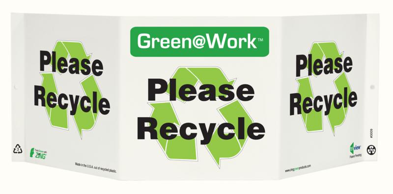 ZING 3009 Green at Work Tri-View Sign, Please Recycle, Recycle Symbol, 7.5Hx20W, Projects 5 Inches, Recycled Plastic 