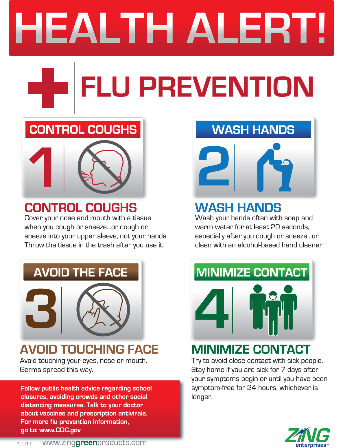 ZING 5011 Safety Eco Health Poster, Health Alert Flu Prevention, 22Hx16W 