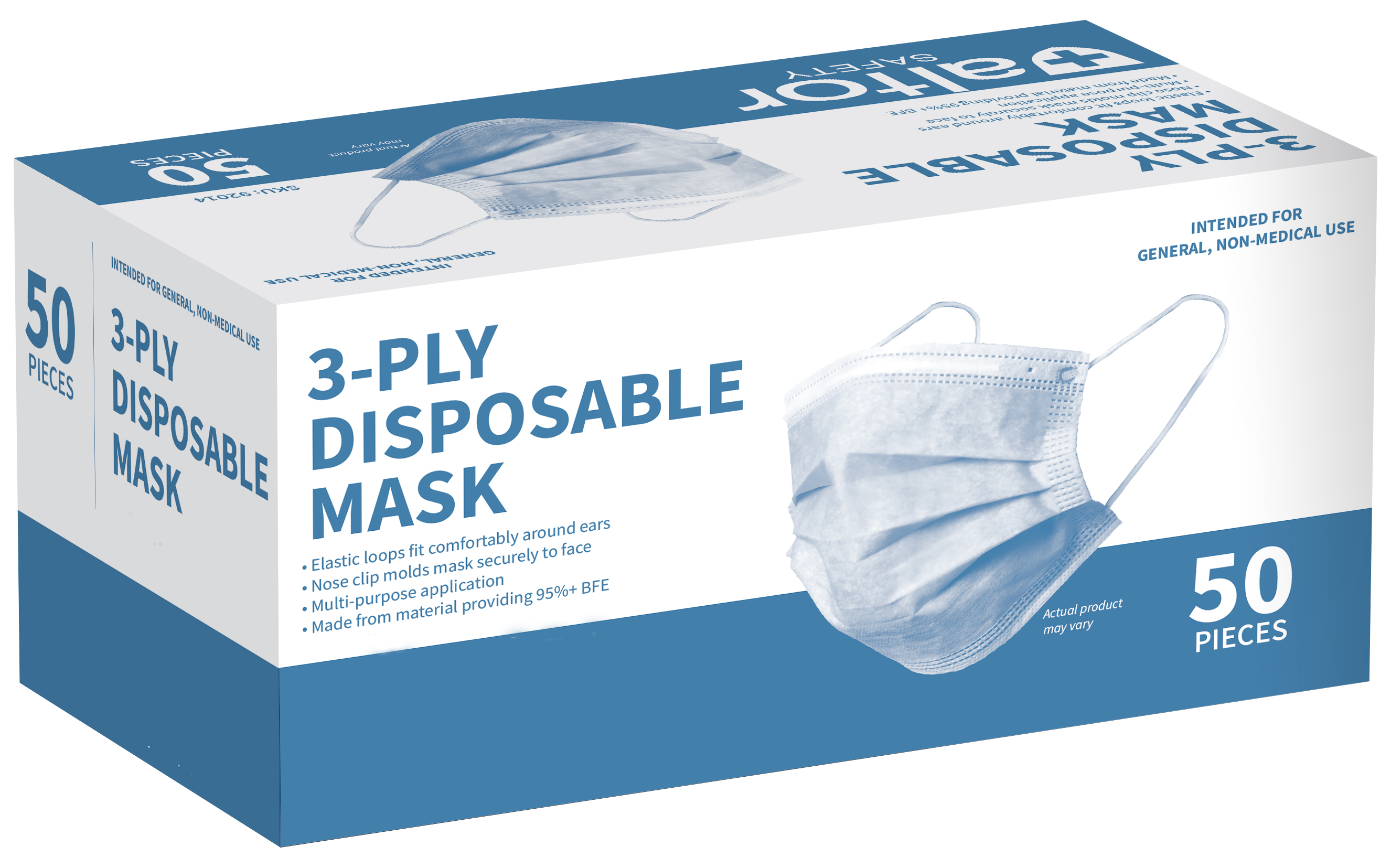 Face Masks - 3-Ply with Ear Loops, Assembled in the USA, BOX OF 50 