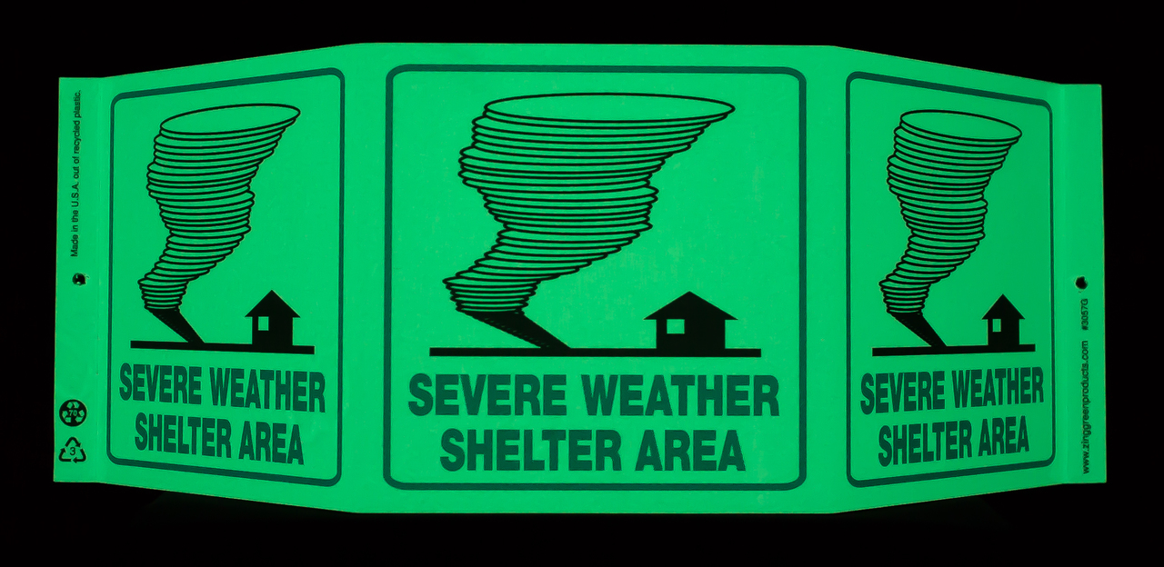 ZING 3057G Eco Safety Tri View Sign, Glow in the Dark, Severe Weather, 7.5Hx20W, Projects 5 Inches, Recycled Plastic 