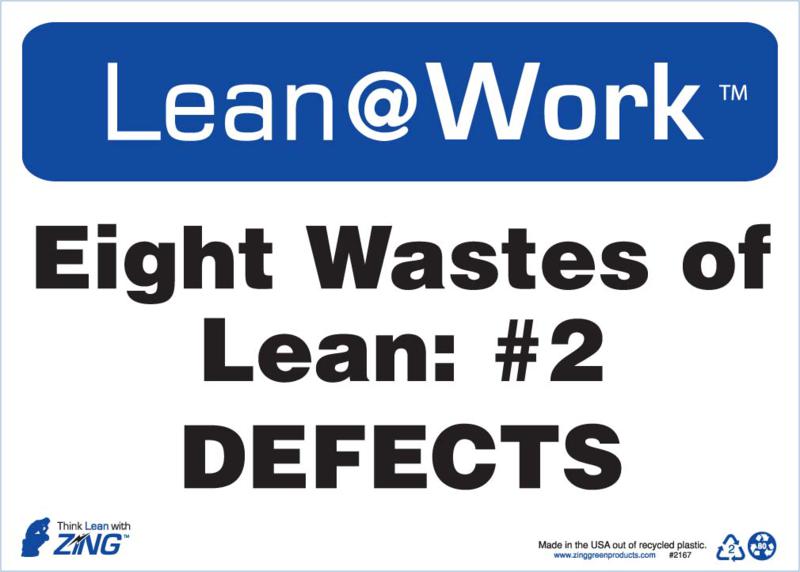 ZING 2167 Lean at Work Sign, Eight Wastes Defects, 10Hx14W, Recycled Plastic 