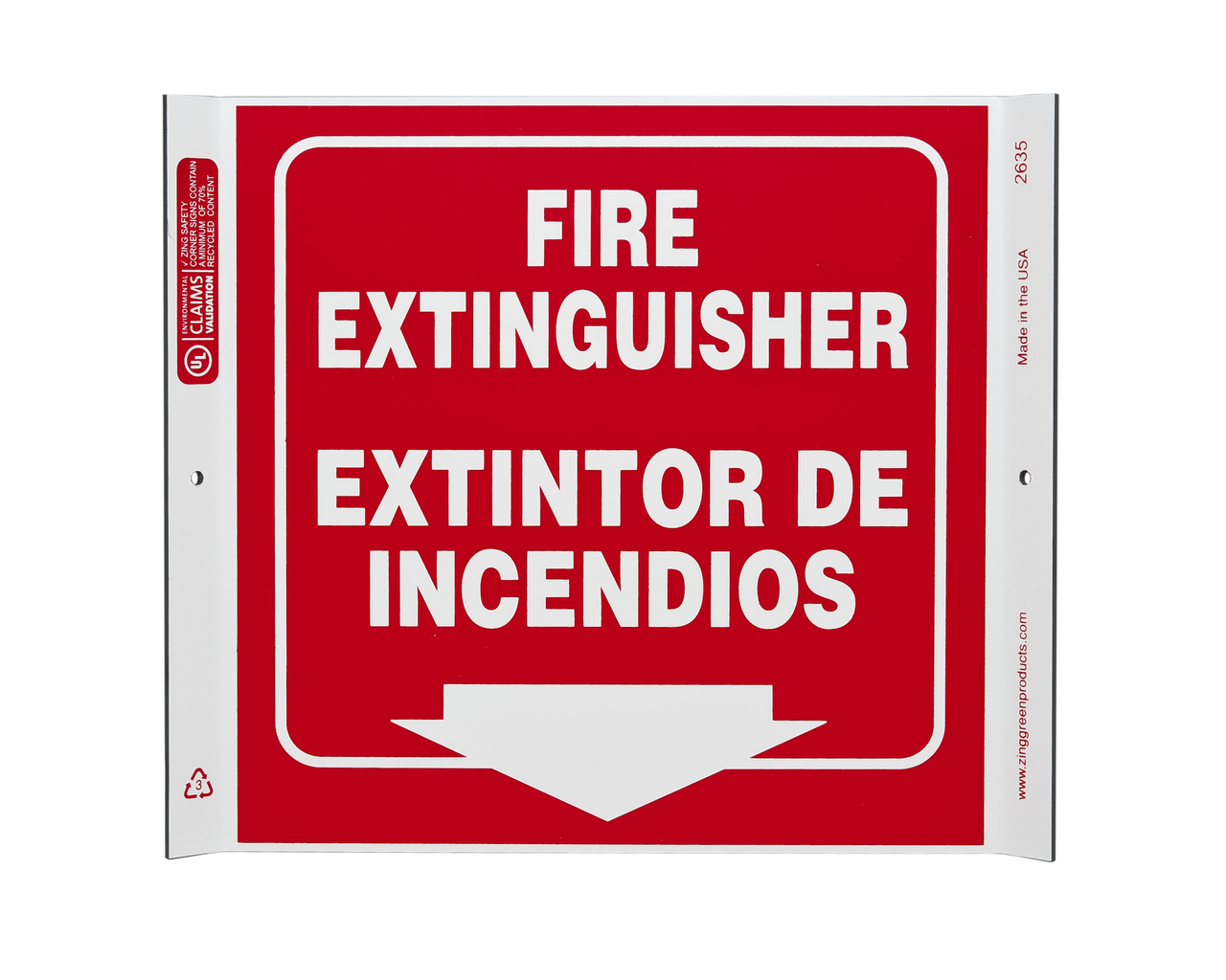 ZING 2635 Projecting Corner Sign, Fire Extinguisher Bilingual, 10Hx10W, Recycled Plastic 