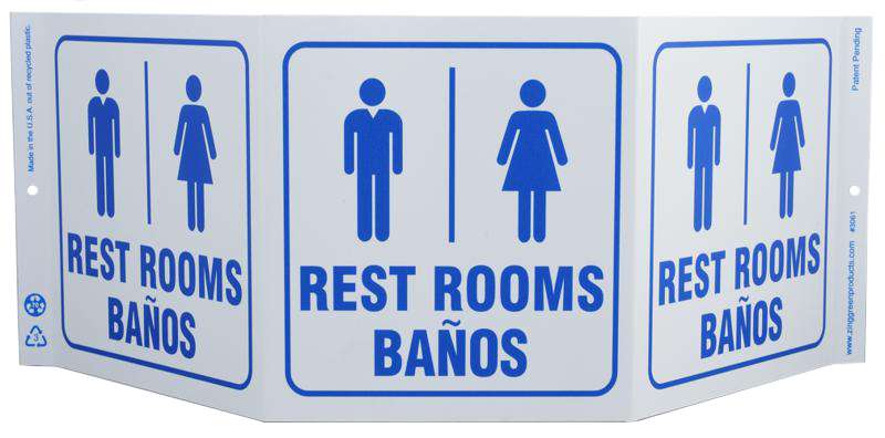 ZING 3061 Eco Public Facility Tri View Sign, Bilingual, Restrooms, 7.5Hx20W, Projects 5 Inches, Recycled Plastic 