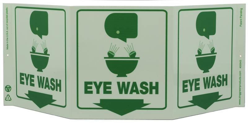 ZING 3054G Eco Safety Tri View Sign, Glow in the Dark, Eye Wash, 7.5Hx20W, Projects 5 Inches, Recycled Plastic 