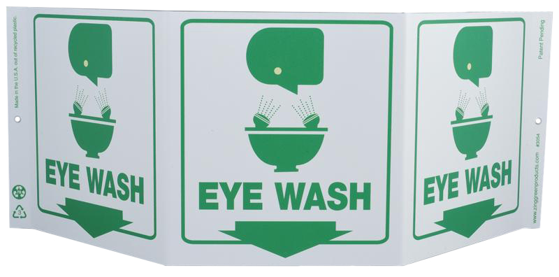 ZING 3054 Eco Safety Tri View Sign, Eye Wash, 7.5Hx20W, Projects 5 Inches, Recycled Plastic 