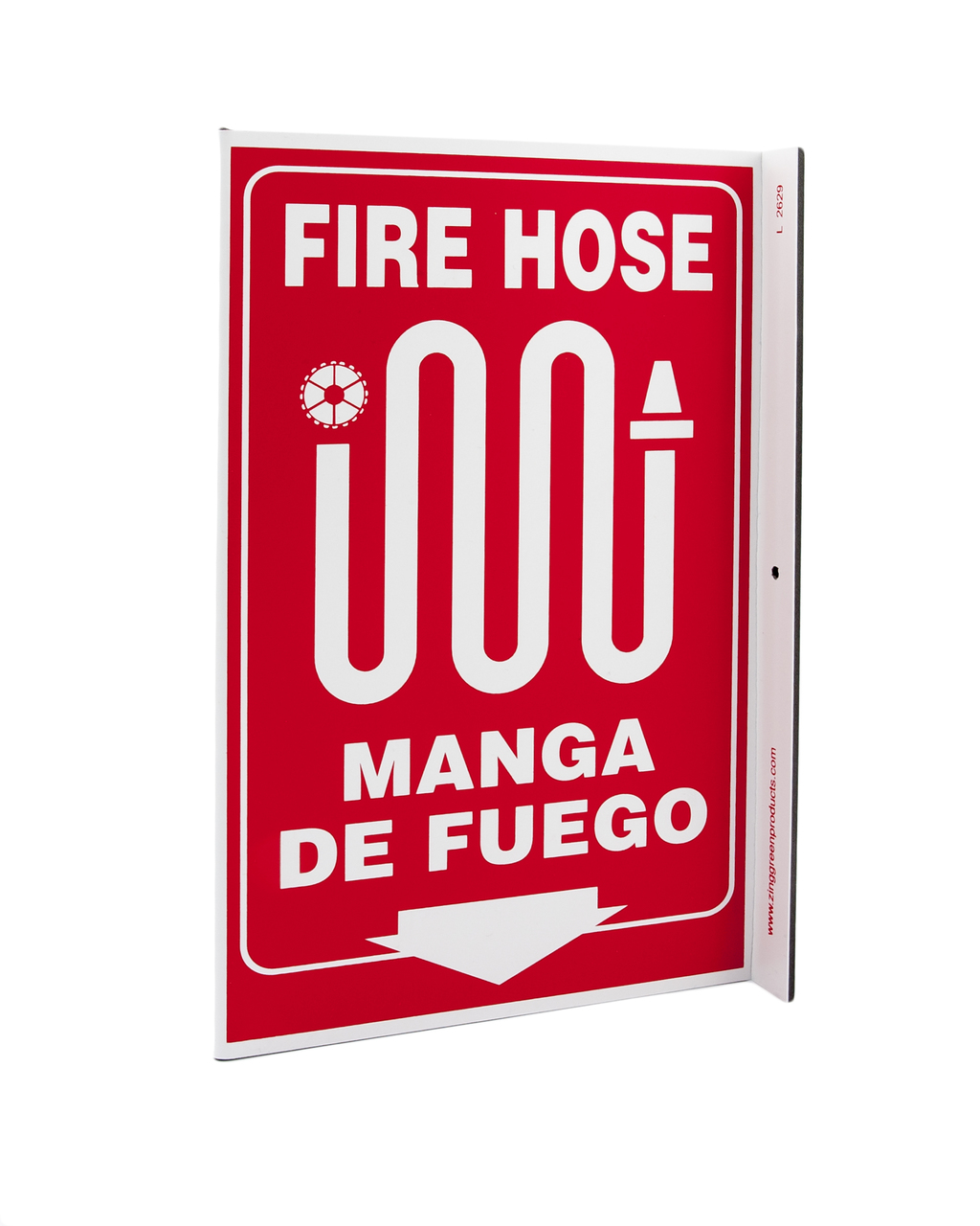 ZING 2629 L Sign, Fire Hose, Englsih/Spanish Bilingual, 11Hx2.5Wx8D, Recycled Plastic 