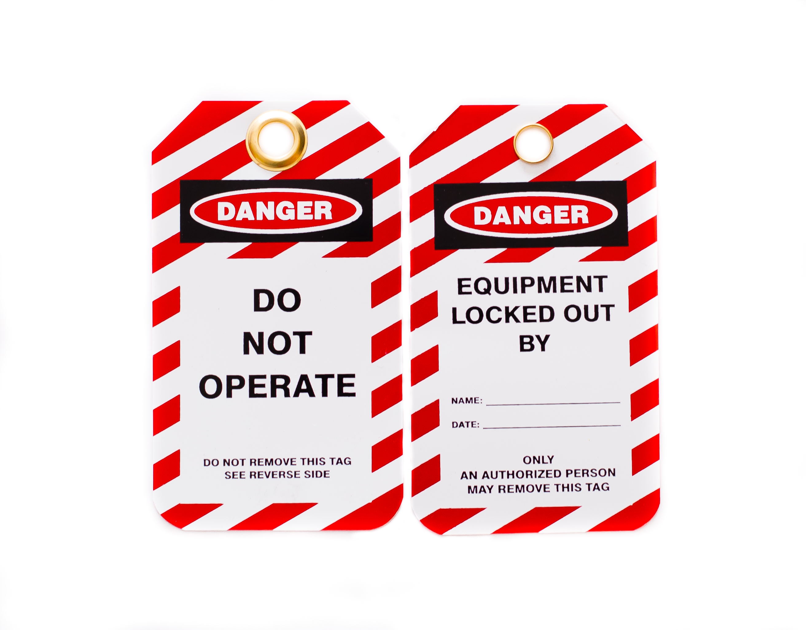 Lockout Tags, Do Not Operate, Plastic w/Brass Grommet - Red-White Striped, 10/Pk 