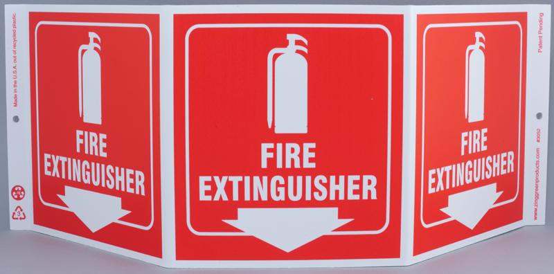 ZING 3052 Projecting Tri View Sign, Fire Extinguisher, 7.5Hx20W, Projects 5 Inches, Recycled Plastic 