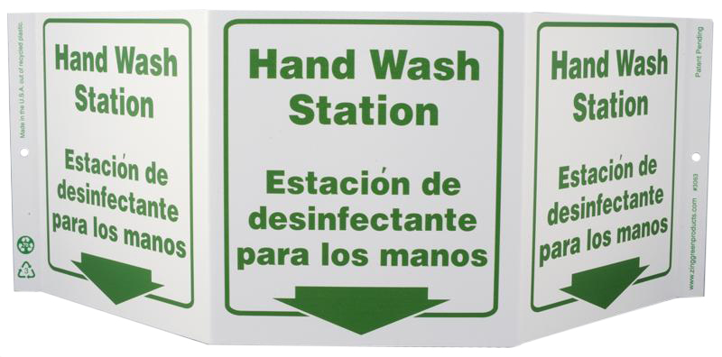 ZING 3063 Eco Public Facility Tri View Sign, Bilingual, Hand Wash Station, 7.5Hx20W, Projects 5 Inches, Recycled Plastic 