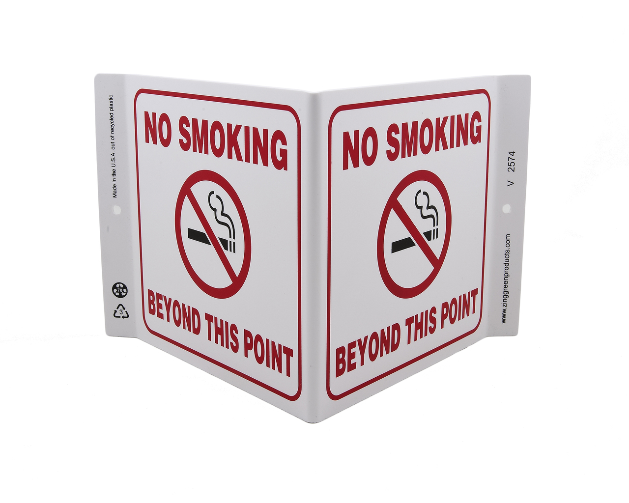 ZING 2574 Eco Safety V Sign, No Smoking Beyond Point, 7Hx12Wx5D, Recycled Plastic 